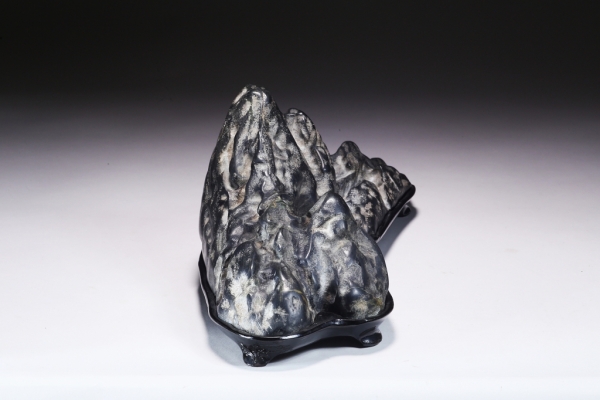 [雨竹亭] 【加茂川真黒石(台座付)】添景 添配 水石 盆栽 盆景 盆石